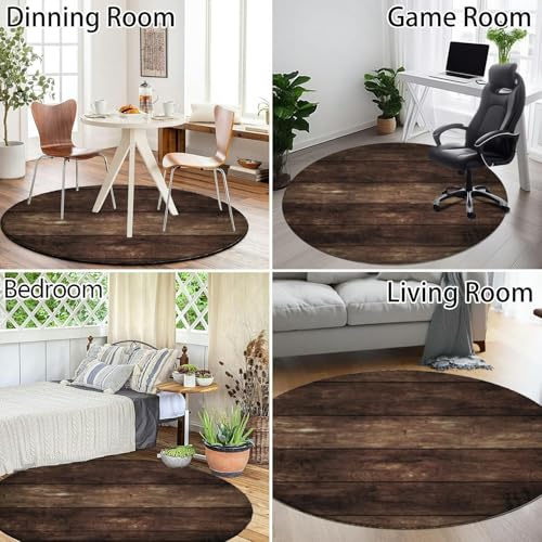 Washable Small Round Area Rug 3ft Dark Wood Surface Y362