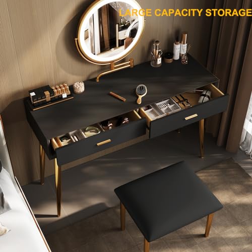 Vanity Desk Set with 360° Rotating Mirror and Lights, 2 Drawers, Stool - 31.5in Black V740779
