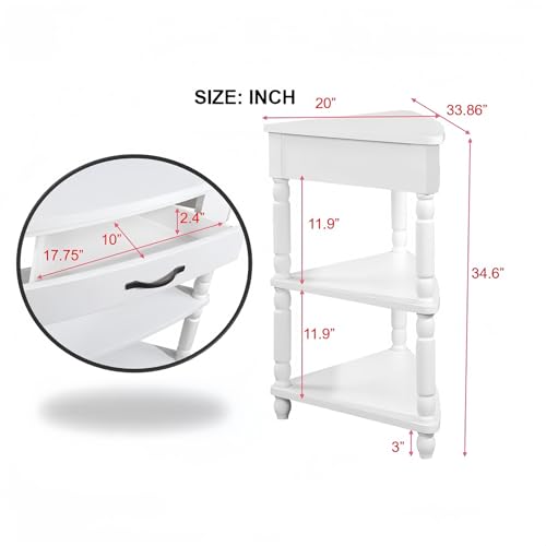 3-Tier Corner Shelf with Drawer, Solid Wood Legs, White H302312
