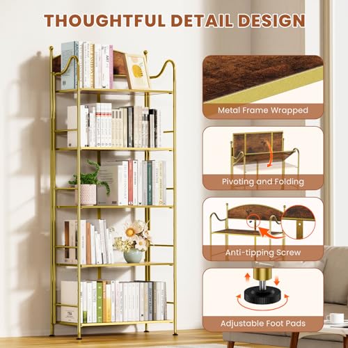 Folding Bookshelf 5 Shelf Black Industrial Bookcase U707