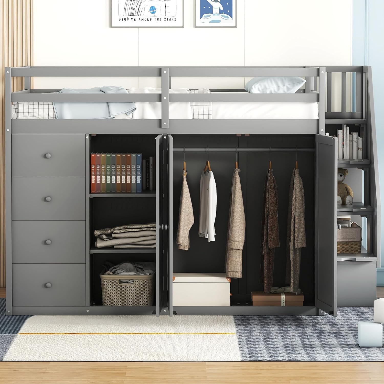 Full Size Wooden Loft Bed with Built-in Wardrobes and Staircase, Gray R8935