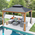 Patiorama 10’ x 12’ Hardtop Gazebo, Outdoor Wood Grain Frame Aluminum Gazebo with Galvanized Steel Double Vented Roof Canopy, W/Shaded Curtains and Netting, Pergola for Patio, Garden, Yard (Grey)