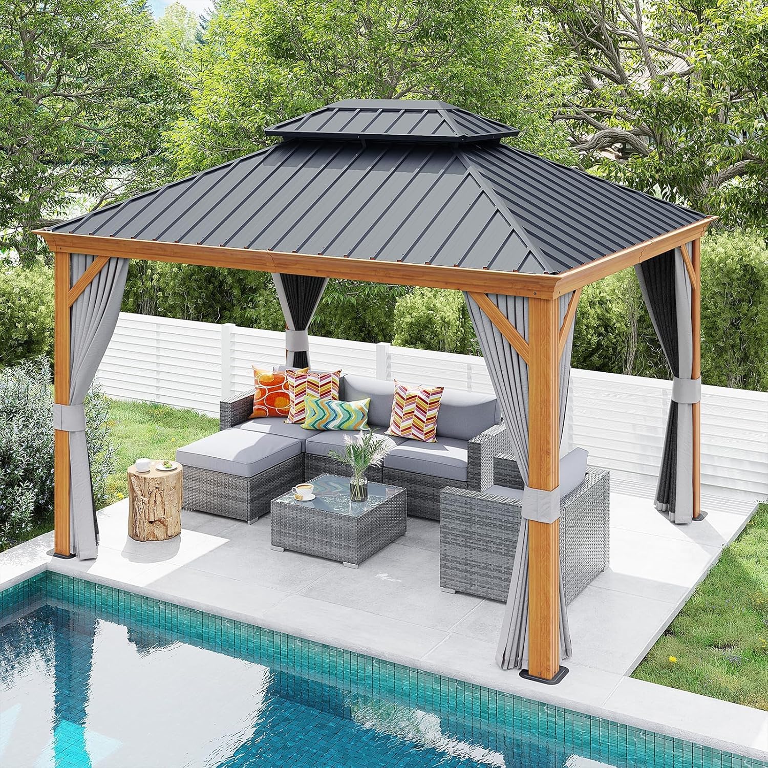 Patiorama 10’ x 12’ Hardtop Gazebo, Outdoor Wood Grain Frame Aluminum Gazebo with Galvanized Steel Double Vented Roof Canopy, W/Shaded Curtains and Netting, Pergola for Patio, Garden, Yard (Grey)