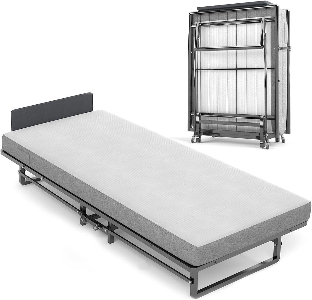Folding Bed with 4-Inch Mattress, Metal Cot Size Rollaway Bed for Adults, Fold up Guest Bed on Wheels, 350-Pound Capacity