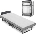 Folding Bed with 4-Inch Mattress, Metal Cot Size Rollaway Bed for Adults, Fold up Guest Bed on Wheels, 350-Pound Capacity
