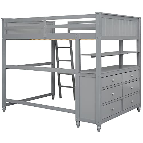 Gray Twin Loft Bed with Storage Cabinet and Desk, Wooden Frame with Bookcase I9318
