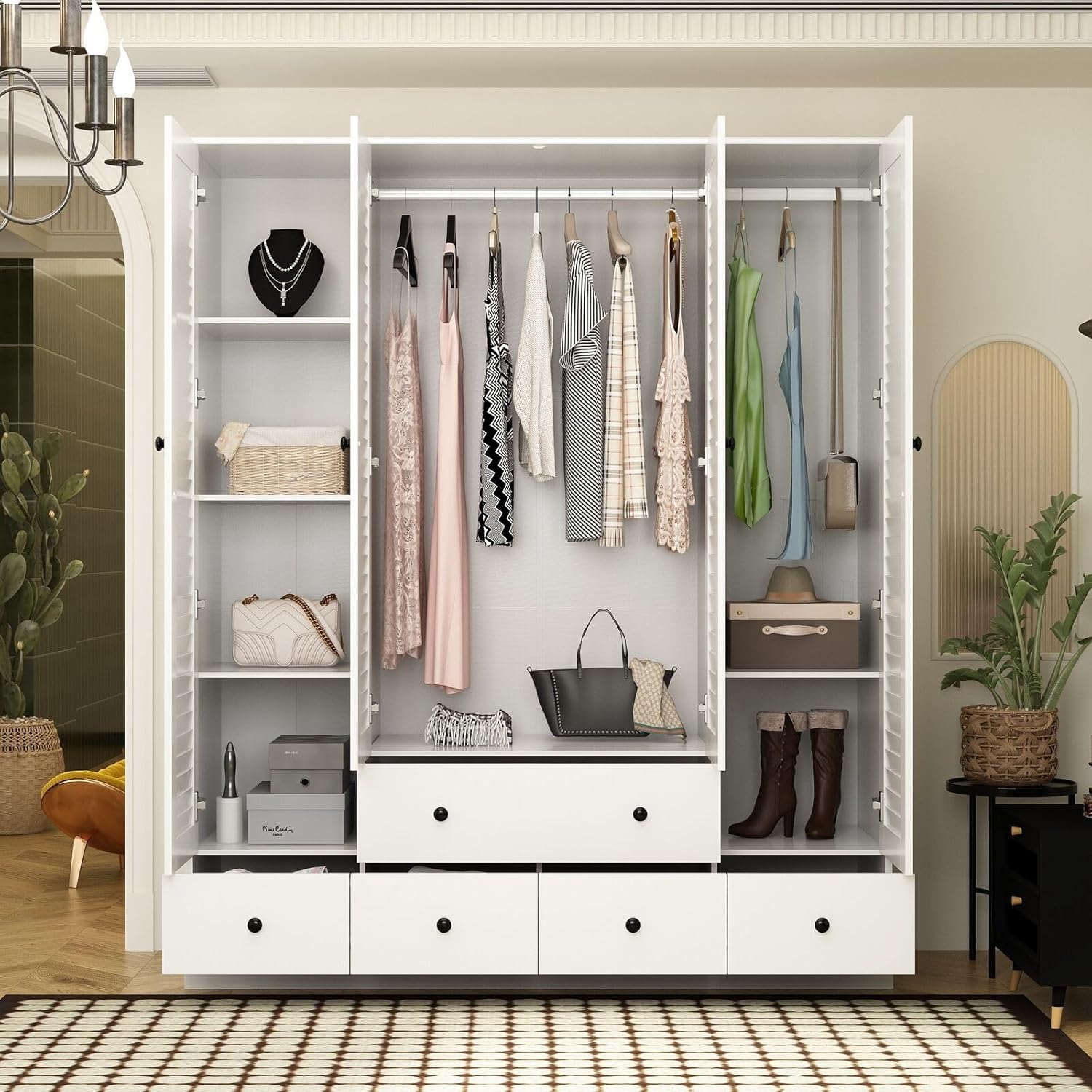 Rustic White Slat Door Wardrobe Closet with 5 Drawers and 4 Doors T542480