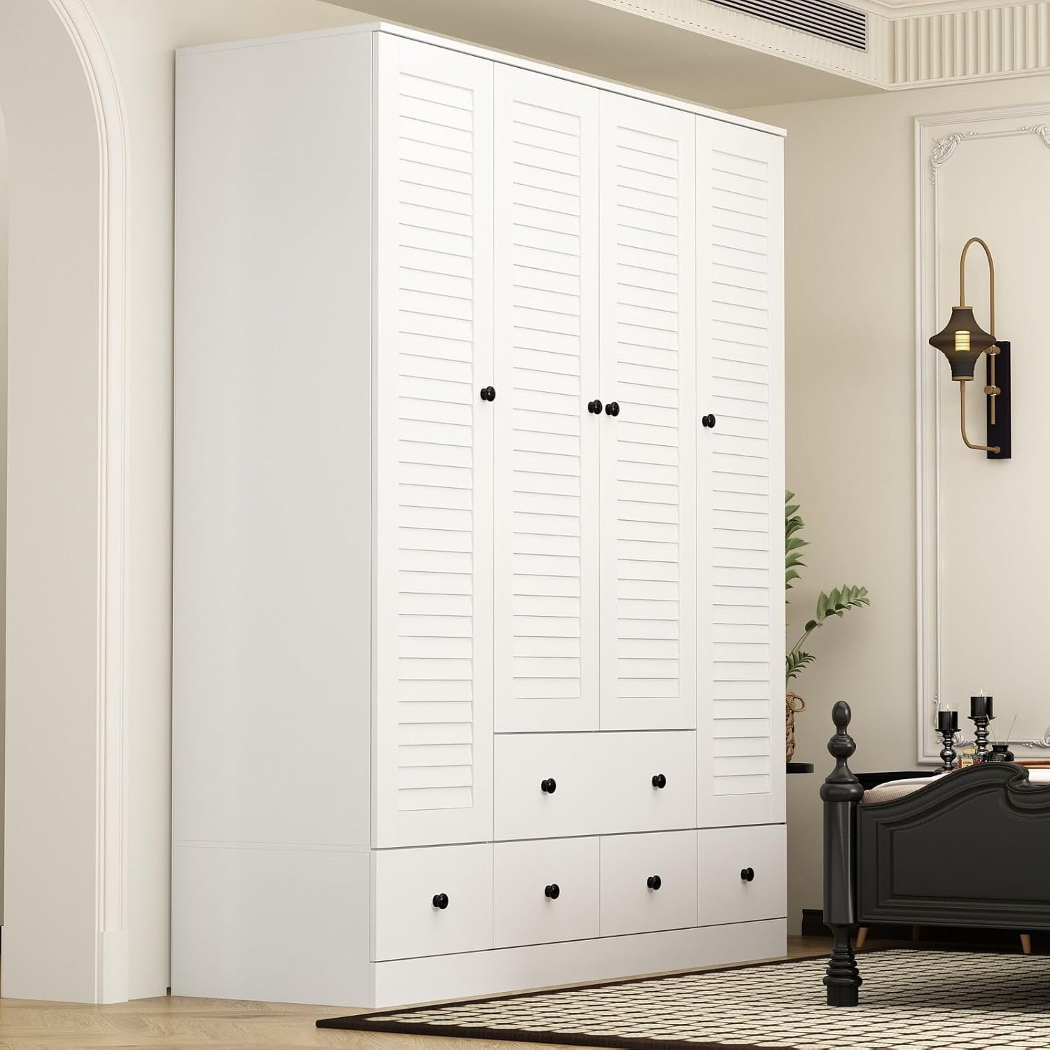 Rustic White Slat Door Wardrobe Closet with 5 Drawers and 4 Doors T542480