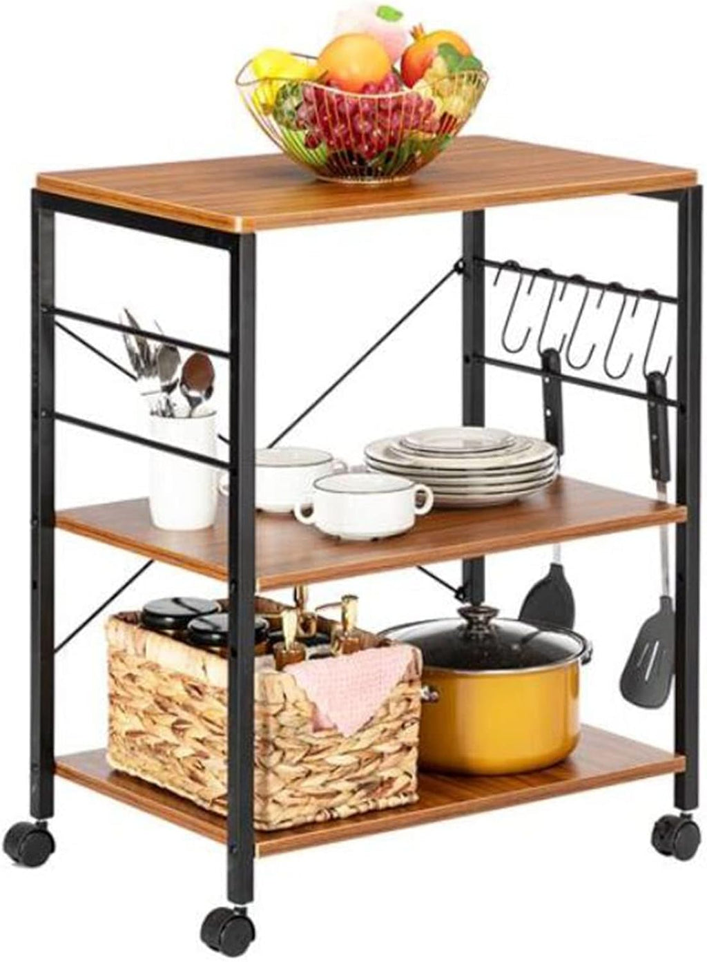 Kitchen Microwave Cart Home Organizer Stand with Side Hook,3-Tier Vintage Rolling Bakers Rack for Living Room Decoration