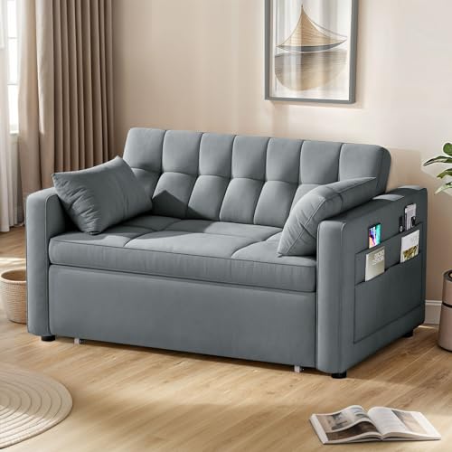 YITAHOME 55" Convertible Sofa Bed, 3-in-1 Sleeper Sofa, Velvet Futon Couch, Grey Z8630