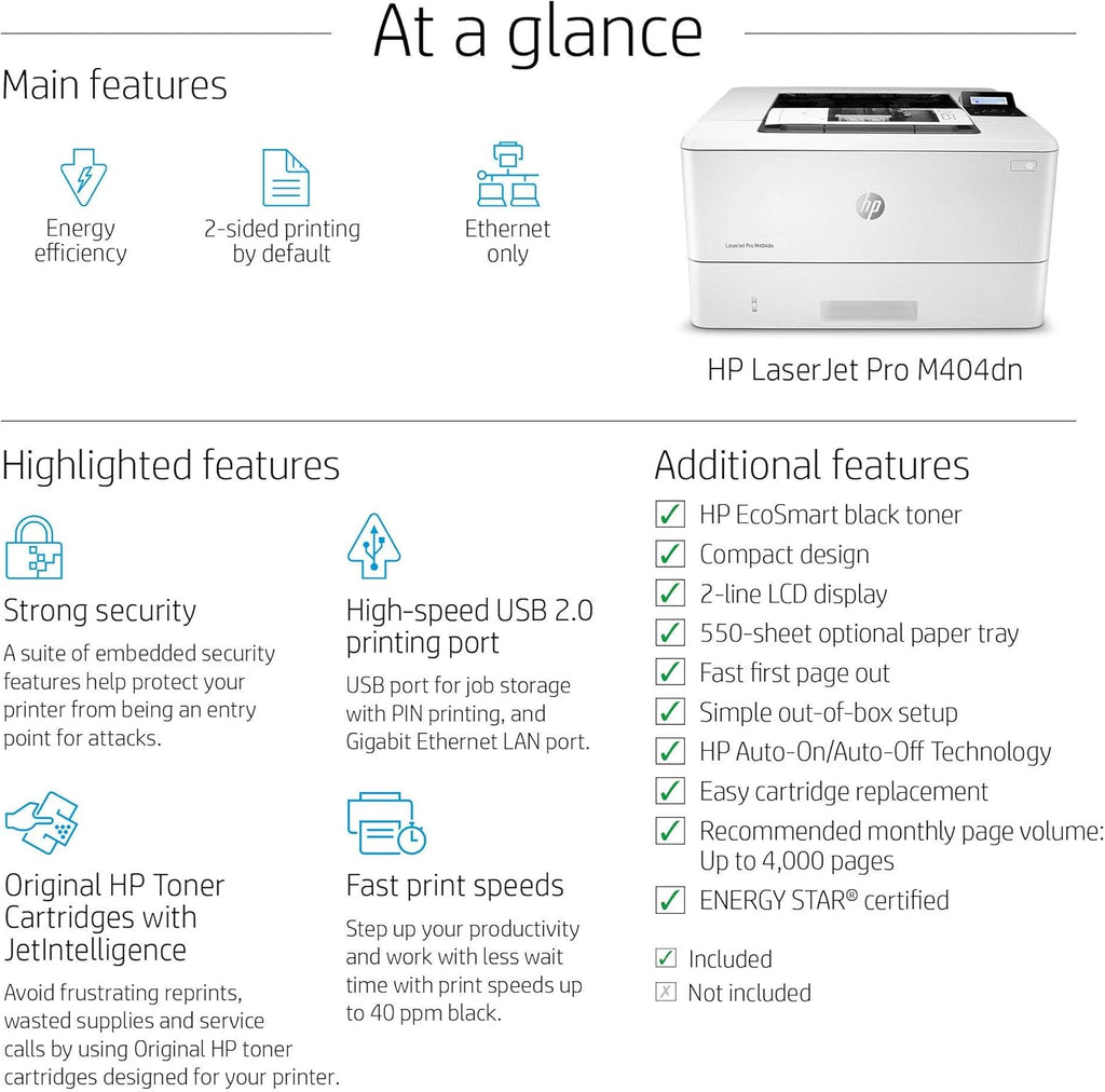 HP Laserjet Pro M404dn Monochrome Laser Printer with Ethernet & Double-Sided Printing (Renewed) V865834