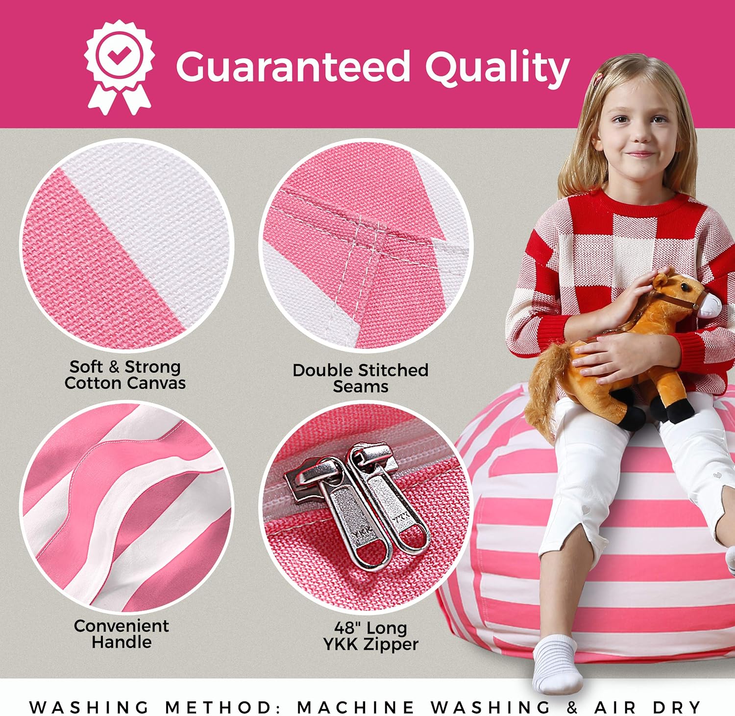 Aubliss Stuffed Animal Bean Bag Storage Chair, Canvas Stripes Pink/White, Medium 32" H473500
