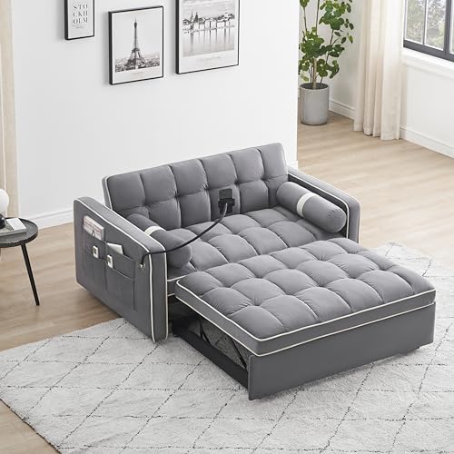 Sleeper Sofa Couch w/Pull Out Bed, 55" Modern Velvet Convertible Sleeper Sofa Bed, Small Love seat Sofa Bed w/Phone Holder & Pillows & Side Pockets for Small Space, Living Room, Apartment,Gray