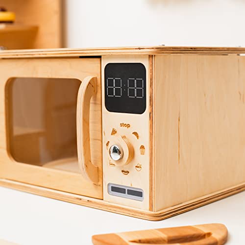 Wooden Kids Microwave Oven Montessori Toy for Toddler Play Kitchen Natural Wood Nursery Decor (Dark Walnut) J582