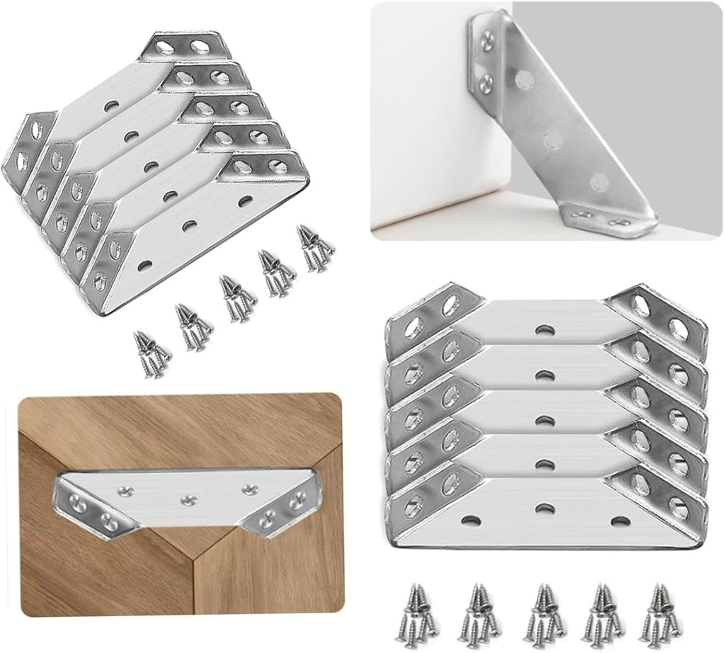 10 Pack Universal Stainless Steel Furniture Corner Connector with Screws, Corner Brace Angle Corner Bracket for Shelves Wood Furniture Chair Drawer Cabinet
