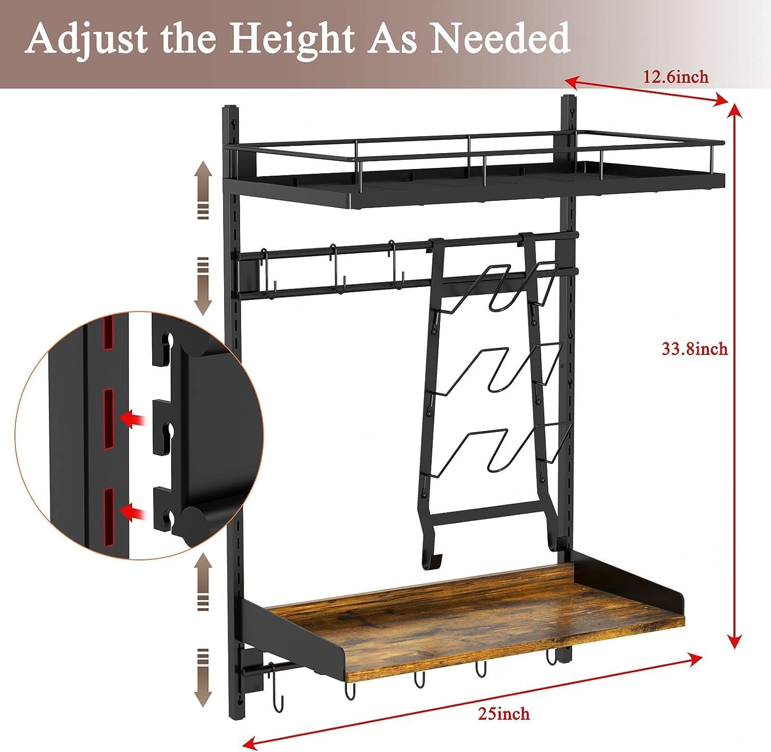 Hanging Pot Rack Wall Mounted 2 Tier with 8 Hooks for Kitchen Storage M925