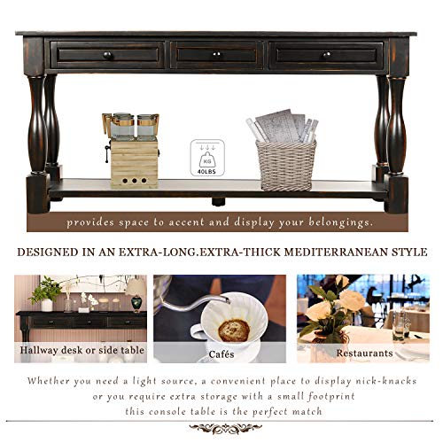 Solid Wood 64" Console Table with 3 Drawers and Bottom Shelf N538
