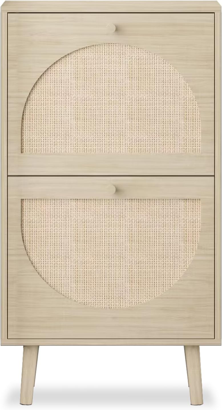 Slim Shoe Cabinet with 2 Flip-Drawers, Rattan Shoe Storage for Entryway C995817