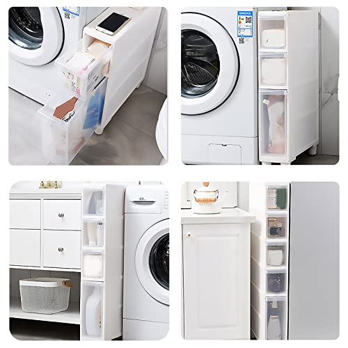 Narrow Tall Floor Cabinet for Bathroom, 4 Clear Drawers with Casters L2591