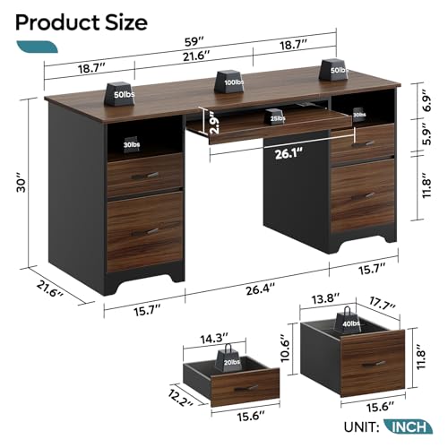 Bestier 59" Computer Desk with 4 Drawers and Storage, Cherry J43092