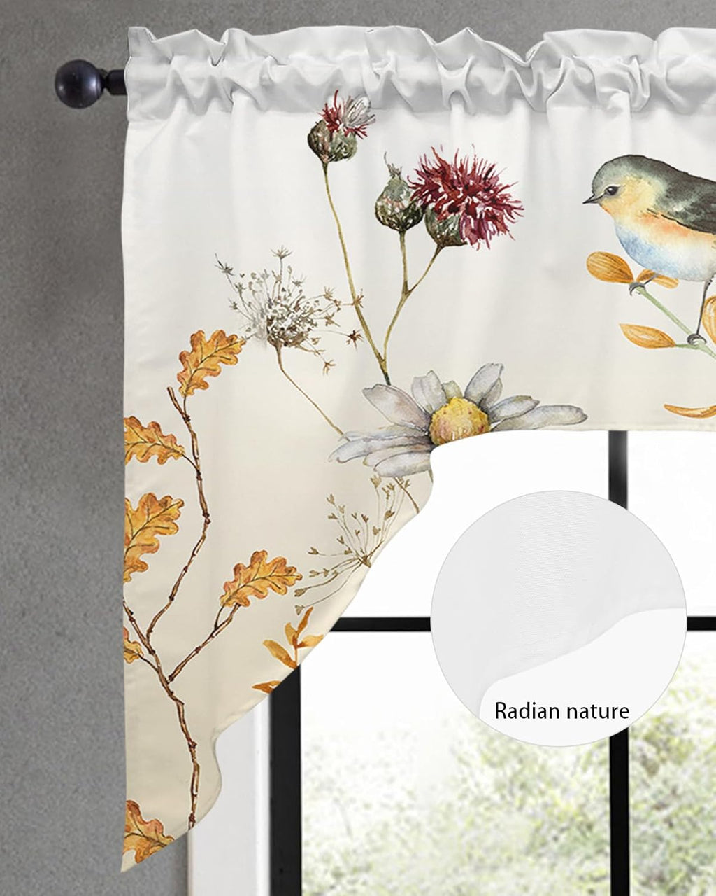 Fall Flower Bird Swag Valance Kitchen Curtains, Rod Pocket, Eucalyptus Leaves 56''x36'' X32867