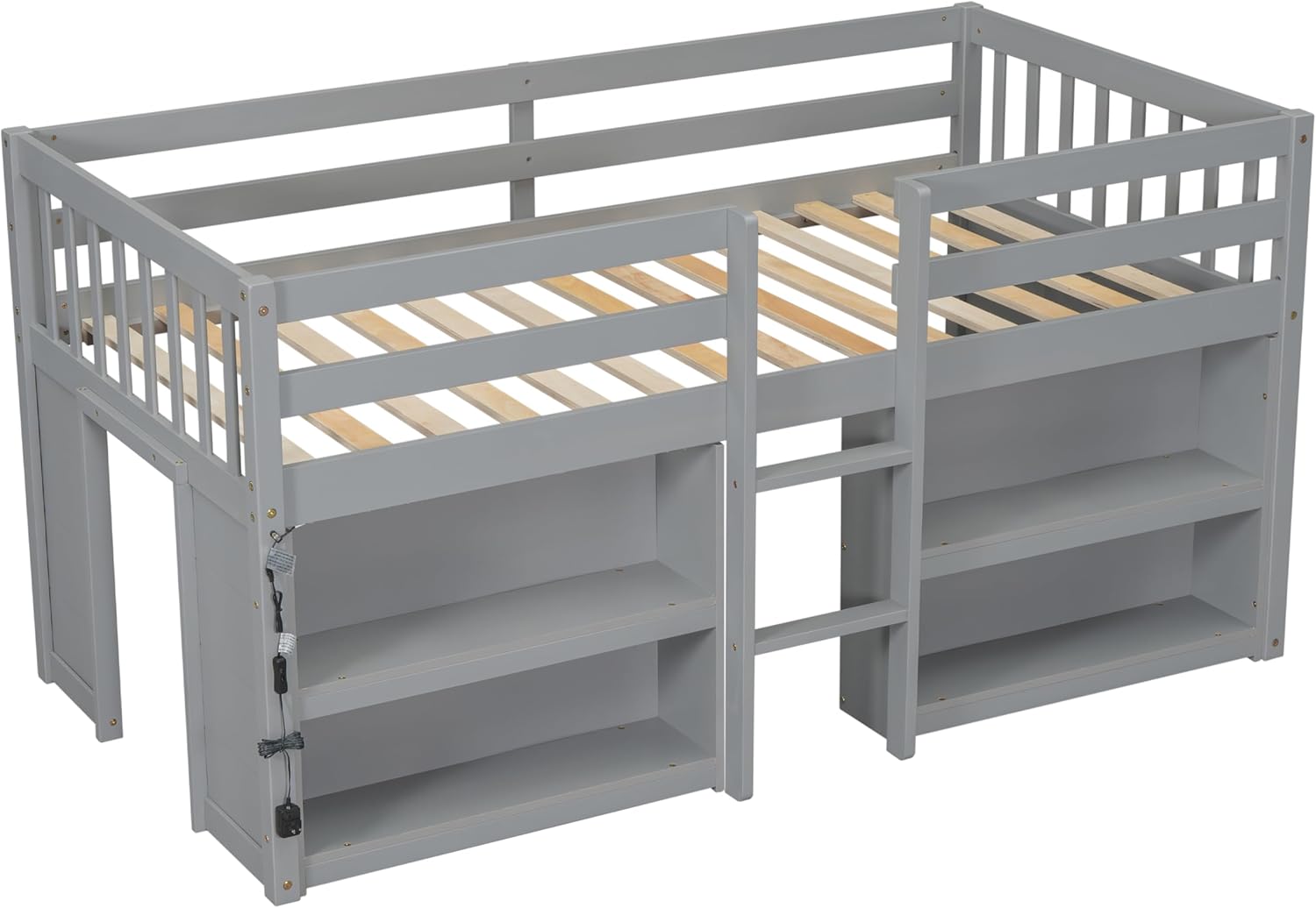 Grey LED Twin Size Low Loft Bed for Kids with Storage Shelves H3282