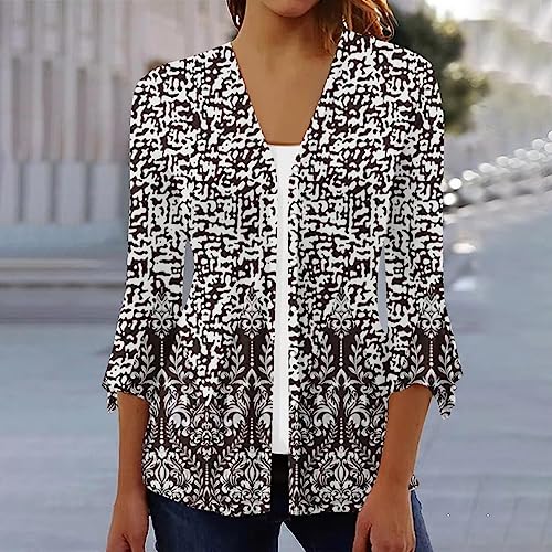 Women's 3/4 Sleeve Bell V Neck Graphic Button Pleated Blouse K8365