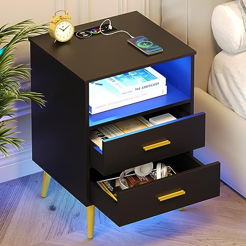 Nightstand Set of 2 with Charging Station and LED Light, Wood Bedside Table with 2 Drawers, Grey T490