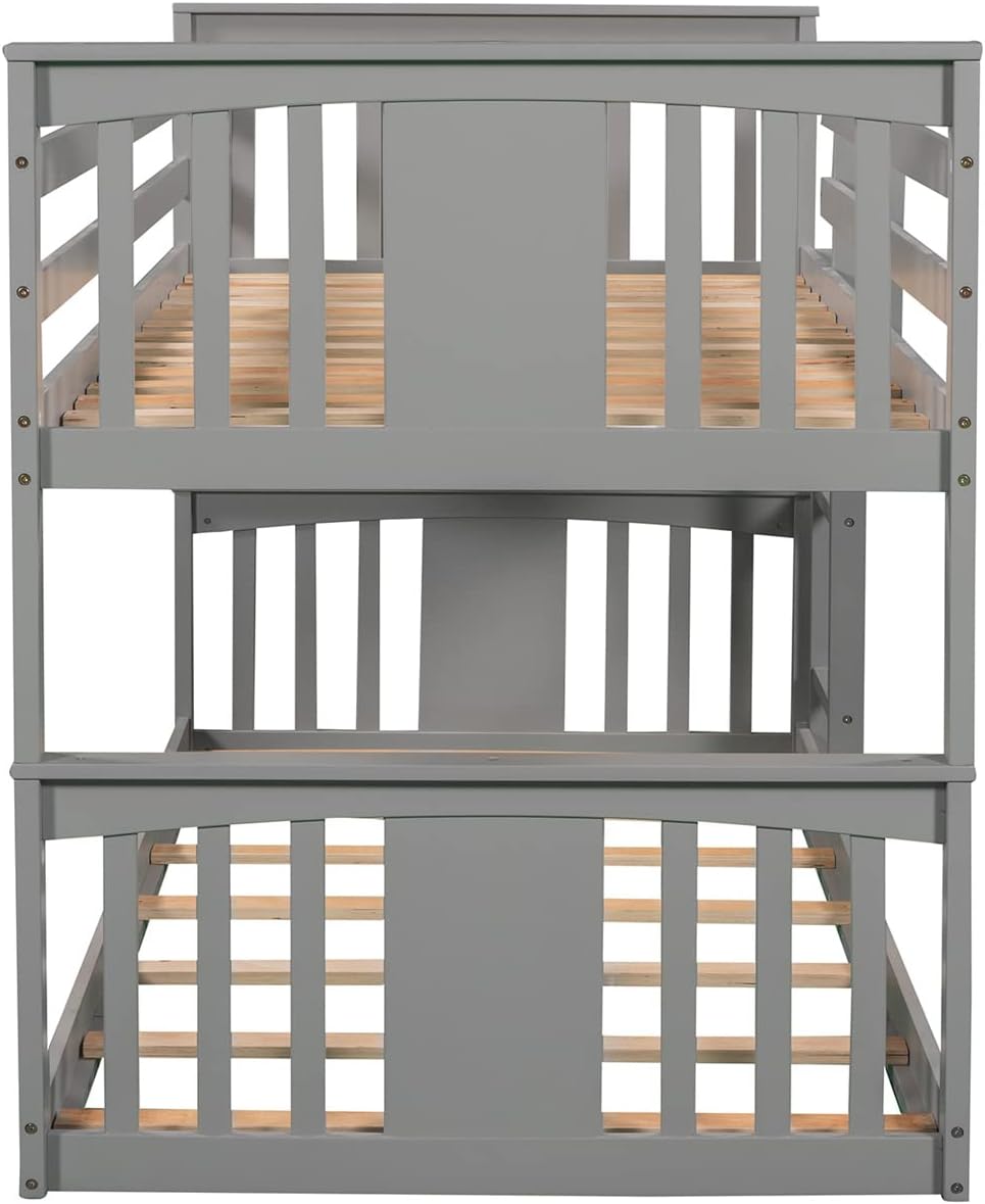 Twin over Twin Low Bunk Bed Frame Wood for Kids, Gray Z1308