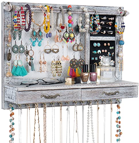 Jewelry Wall Organizer Wall Mounted, Jewelry Hanger Display Rack Earring with Drawers, for Earring/Stud/Ring/Necklace/Bracelets Accessories Bangles Holder Girls Gift (brown)