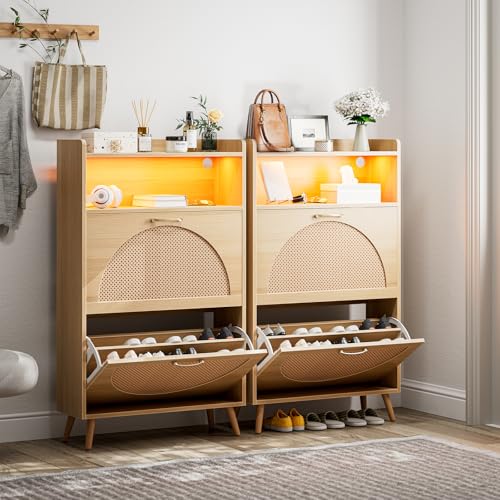 LED Rattan Shoe Storage Cabinet with 2 Flip Drawers, Narrow Wood for Entryway G427963