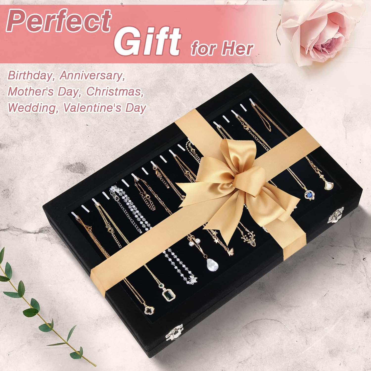 Velvet Jewelry Organizer Box with Clear Lid, 20 Hooks Necklace Holder F716635