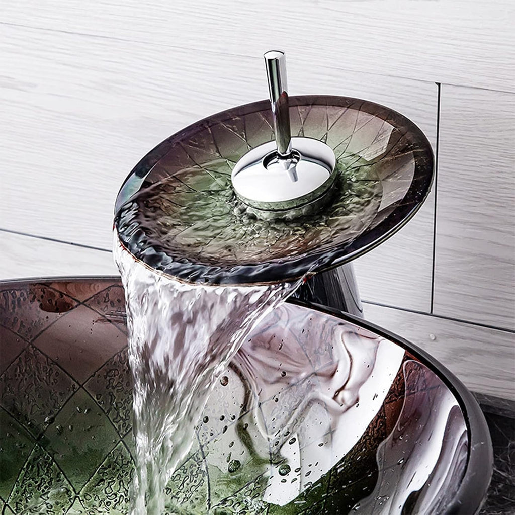 Tempered Glass Round Vessel Sink with Waterfall Faucet F150420