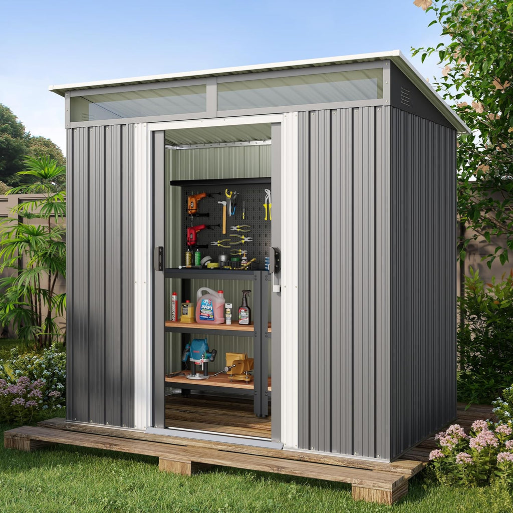 Gizoon 6' x 4' Outdoor Storage Shed with Sliding Doors, Metal with Anchors, Dark Gray C218669