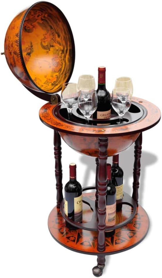 Globe Bar Wine Stand 16th Century Italian Replica Liquor Cabinet, Eucalyptus Wood R73395