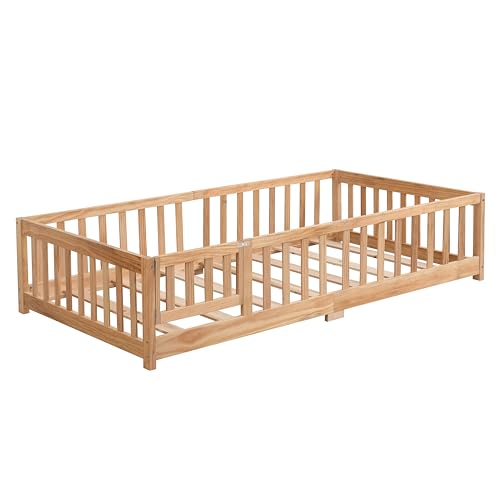 Twin Size Floor Bed with Door, Solid Wood Montessori Bed with Rails and Slats E36819