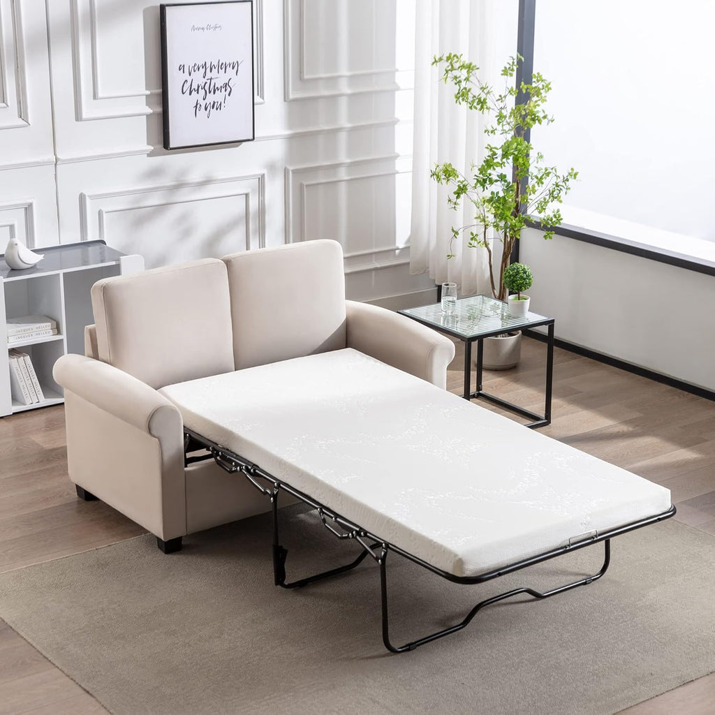 58.3" Pull Out Sofa Bed with Twin Mattress Pad, 2-in-1 Loveseat Sleeper, Beige White Y747