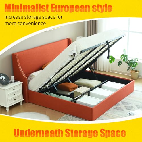 Queen Size Hydraulic Lift Bed with Wing Back Headboard, Ocher S368091