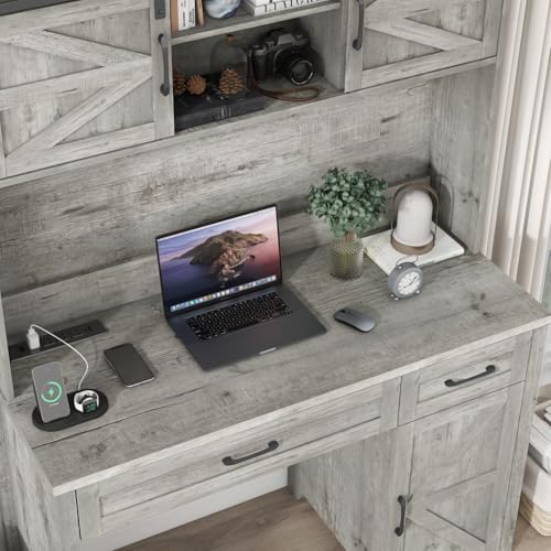 Farmhouse 47'' Executive Desk with 3 Drawers and 2 Cabinets, Gray Oak D1314
