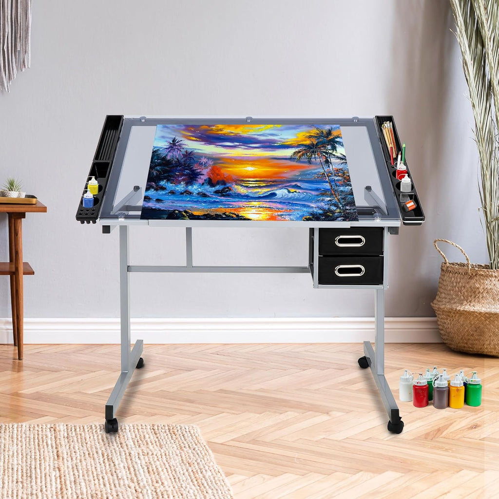 Height Adjustable Drafting Table with Storage Drawers and Wheels L24262