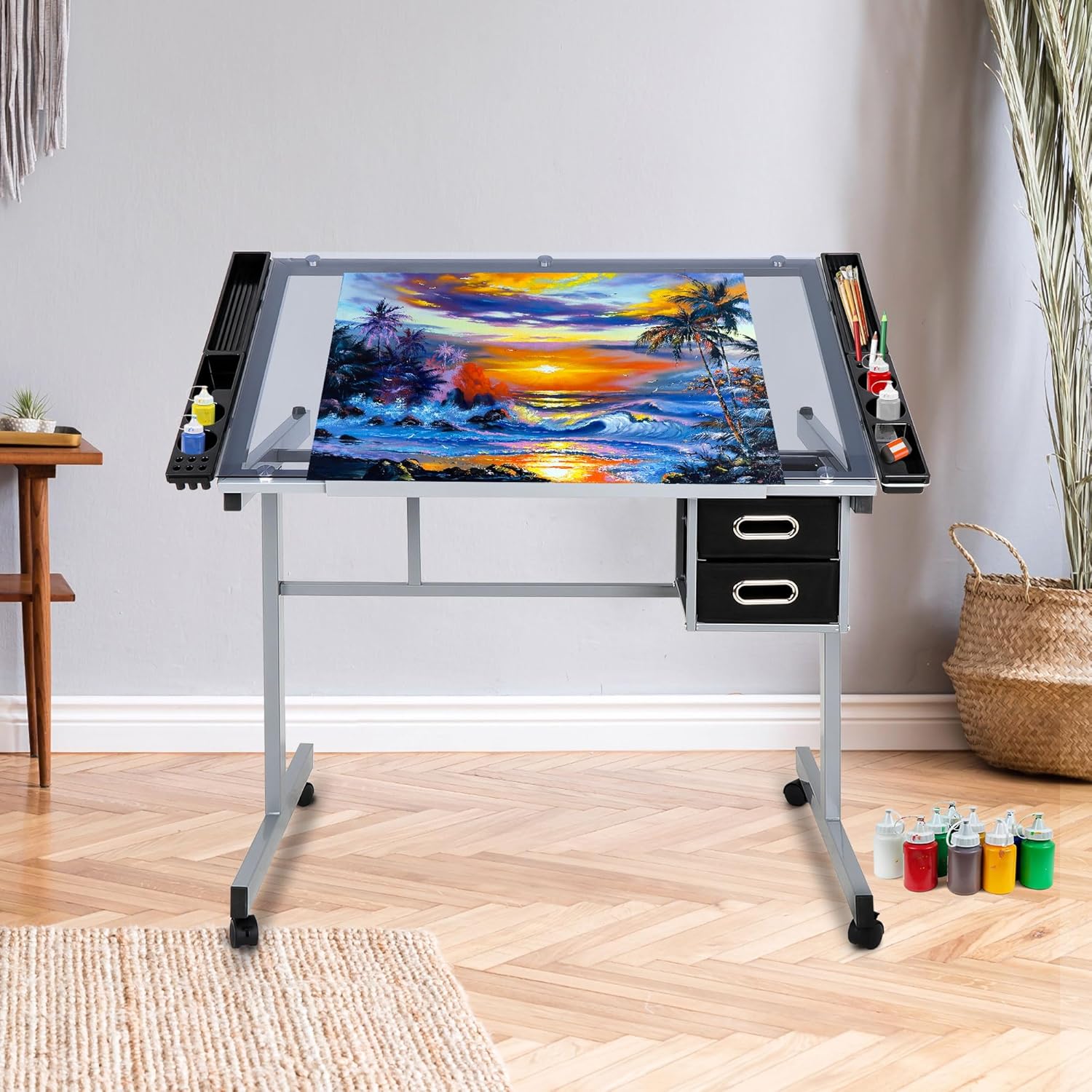 Height Adjustable Drafting Table with Storage Drawers and Wheels L24262