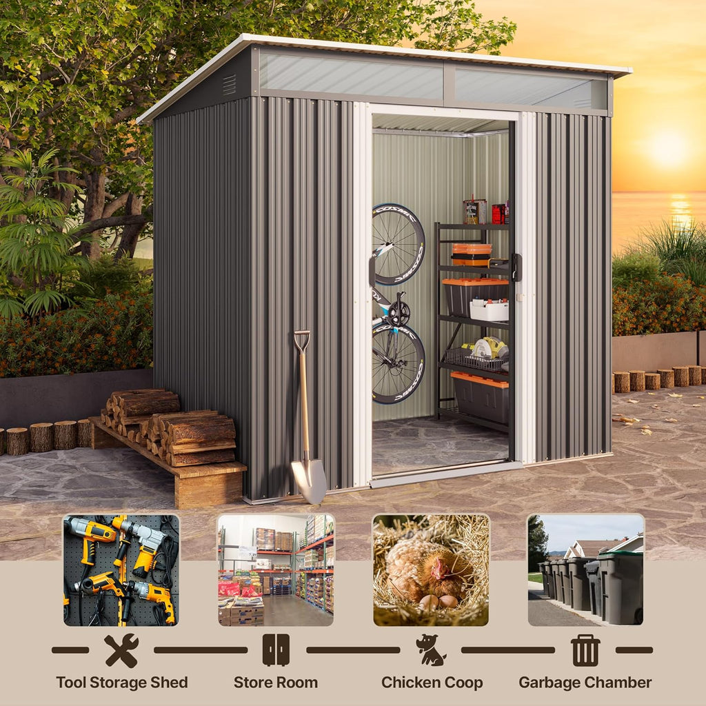 Gizoon 6' x 4' Outdoor Storage Shed with Sliding Doors, Metal with Anchors, Dark Gray C218669