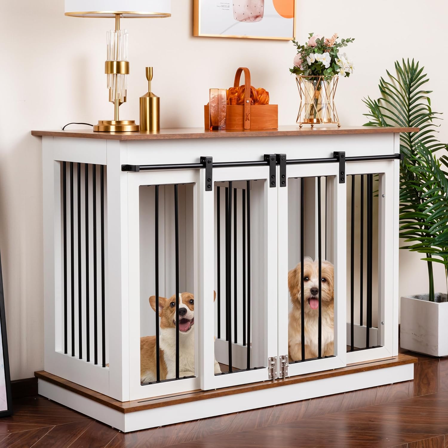Sunseen Dog Crate Furniture with Divider,Wooden Dog Kennel End Table,Large Breed Dog House Indoor for One Large Dog or Two Small Dogs,Double Doors,47''W*24''D*35''H,White
