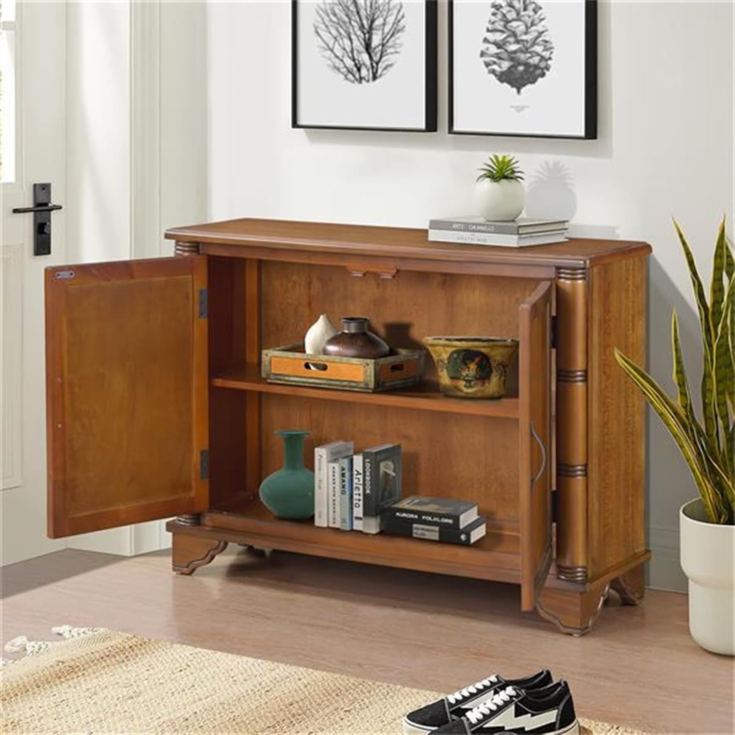 Vintage 40 Inch Console Table with Storage Rack, Natural Walnut J978030
