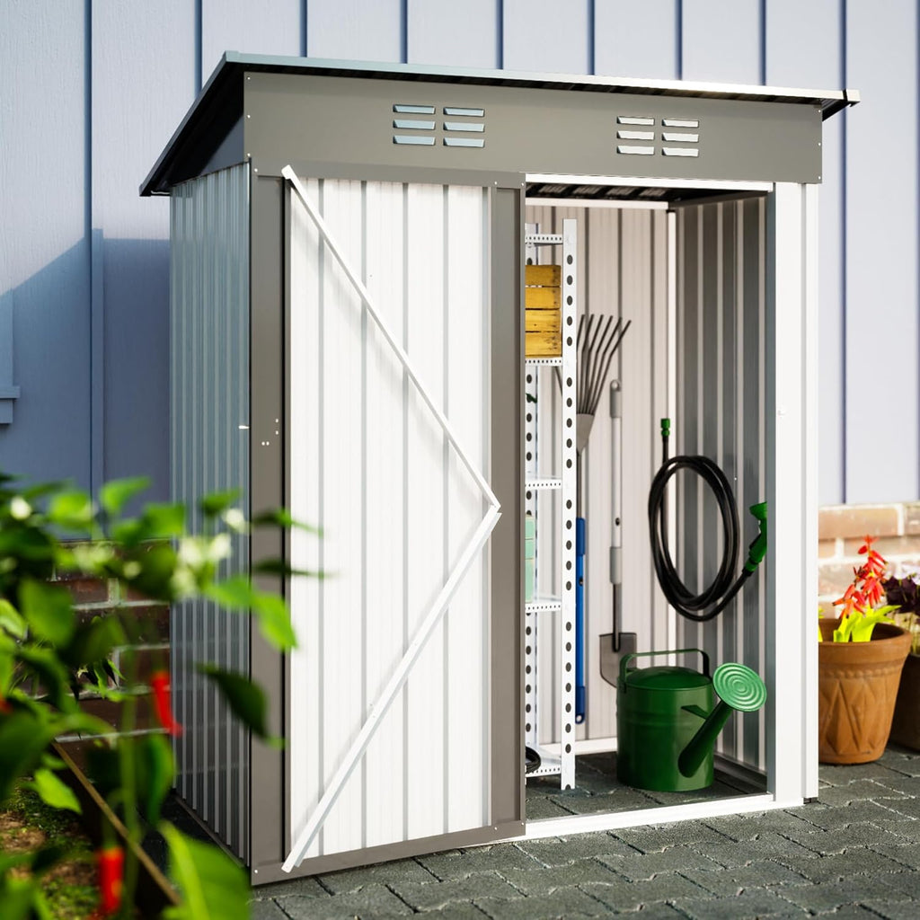 Metal Storage Shed 5x3 FT, Metal Utility Tool Sheds & Outdoor Garden Storage Cabinet with Latches and Lockable Doors for Patio Furniture, Backyard, Lawn, Meadow, Farmland