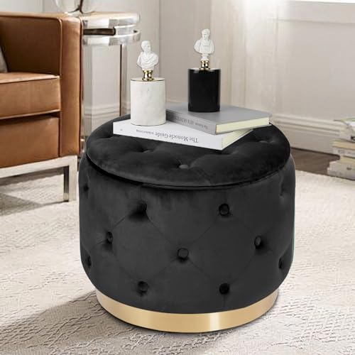 Button Tufted Velvet Round Storage Ottoman with Gold Base, Beige T415647