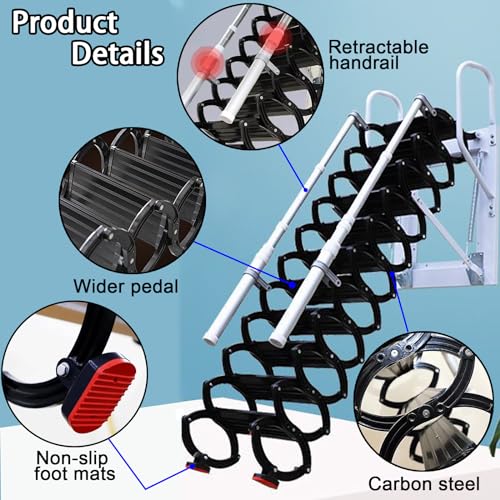 Wall-Mounted Folding Stairs with Handrails, 12 Steps Attic Ladder, Black X256