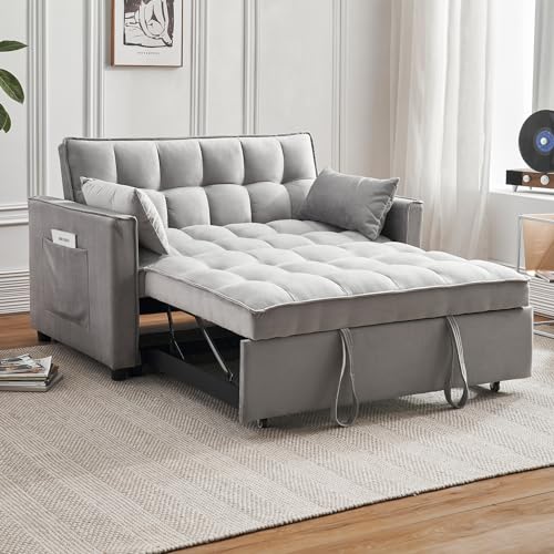 Convertible Sleeper Sofa Bed, Velvet Futon Couch with Adjustable Backrest, Beige K619012