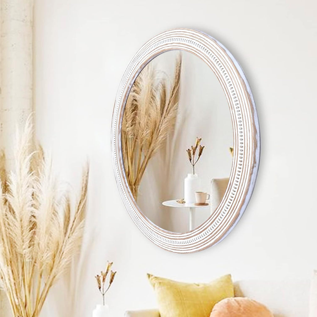 32" Round Wooden Wall Mirror for Bathroom Farmhouse Decor N99286