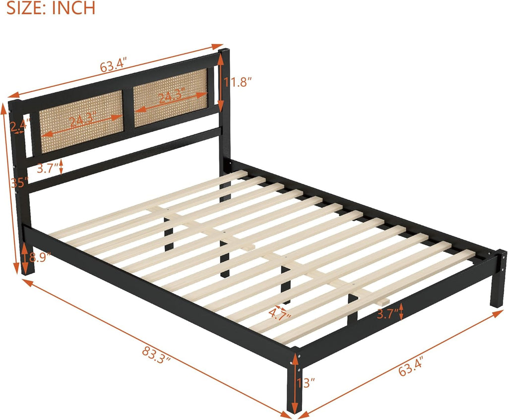 Queen Size Wooden Platform Bed with Rattan Headboard Black C842062